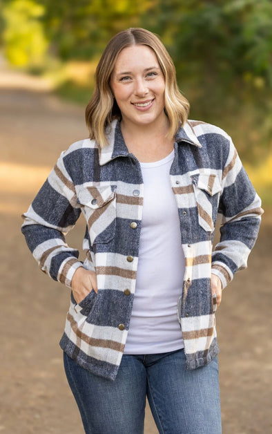 Norah Plaid Shacket by MM in Navy & Tan
