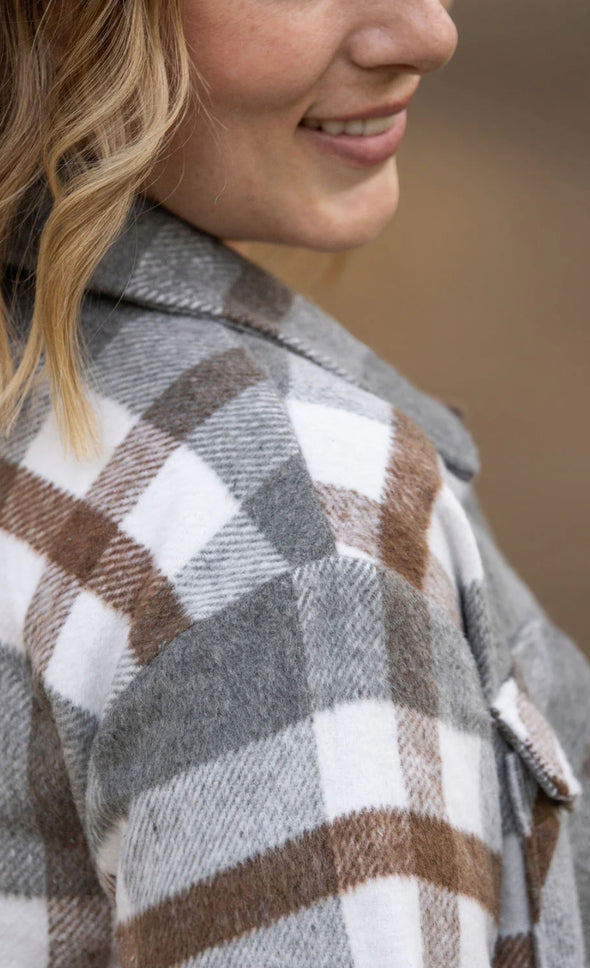 Norah Plaid Shacket by MM in Grey & Mocha