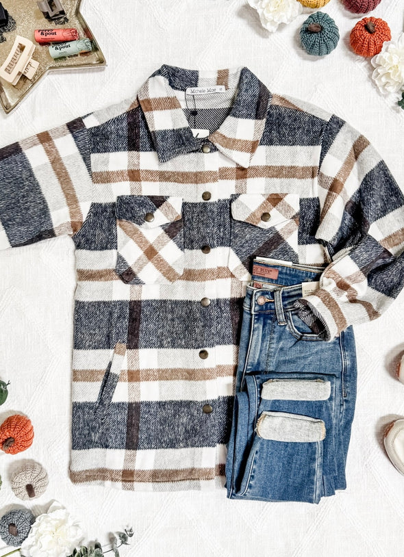 Norah Plaid Shacket by MM in Navy & Tan