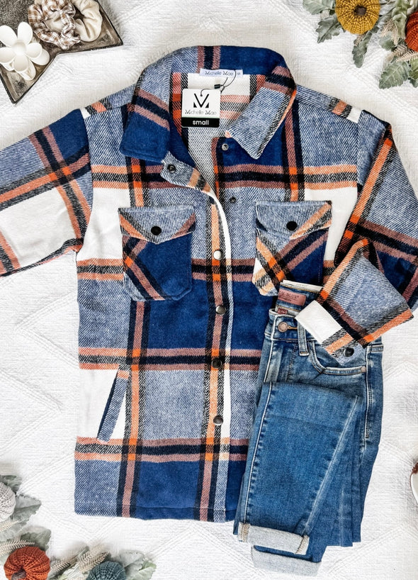 Norah Plaid Shacket by MM in Navy & Orange