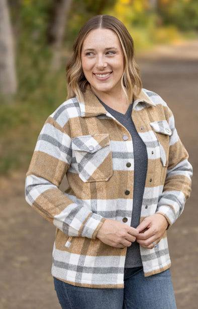 Norah Plaid Shacket by MM in Camel & Grey