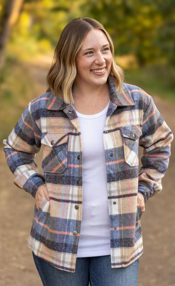 Norah Plaid Shacket by MM in Tan & Blue