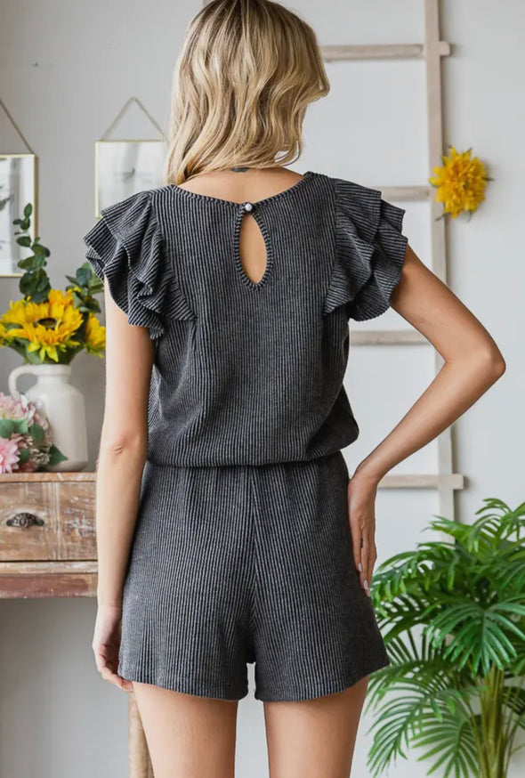 Reba Ribbed Ruffle Sleeve Romper