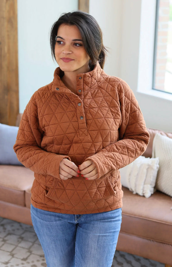 Geometric Button Snap Pullover in Rust