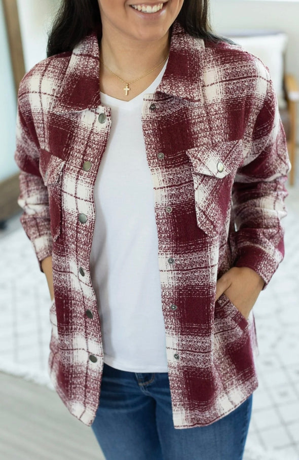 Norah Plaid Shacket by MM in Burgundy