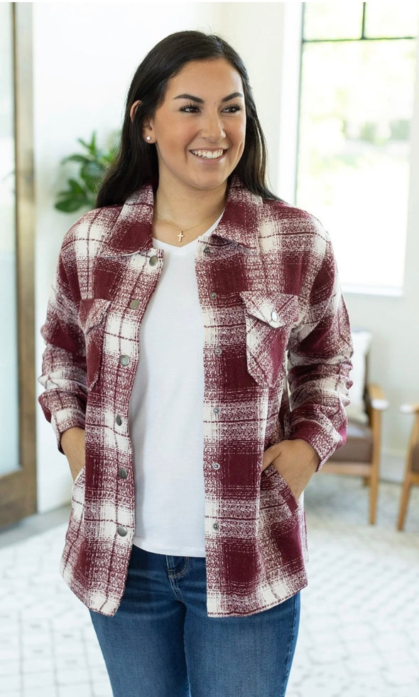 Norah Plaid Shacket by MM in Burgundy