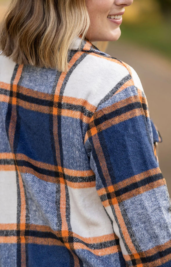 Norah Plaid Shacket by MM in Navy & Orange