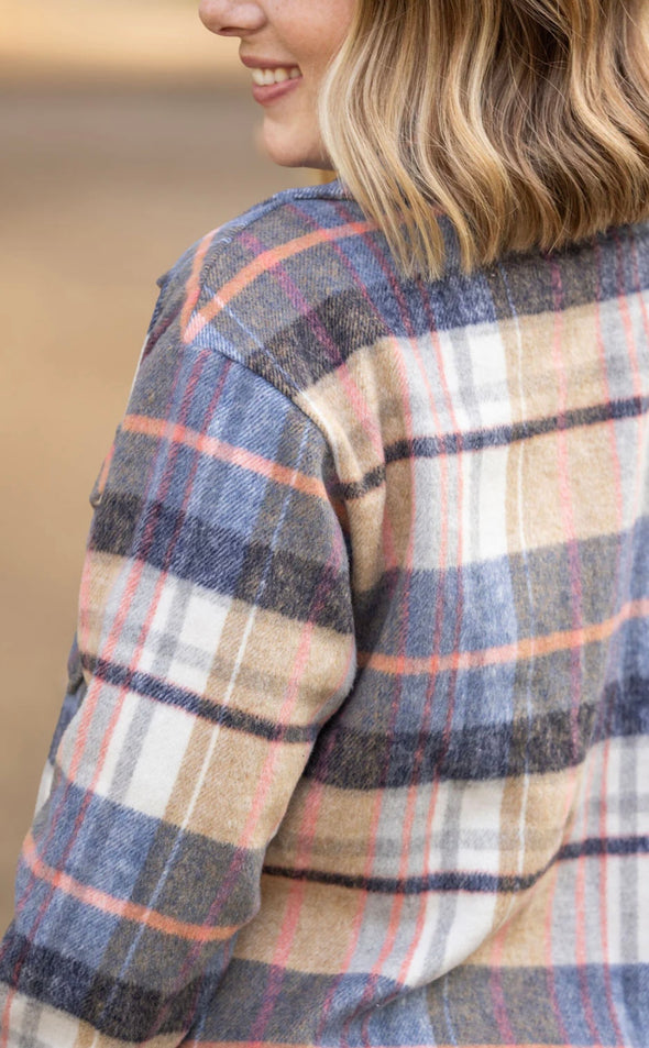 Norah Plaid Shacket by MM in Tan & Blue