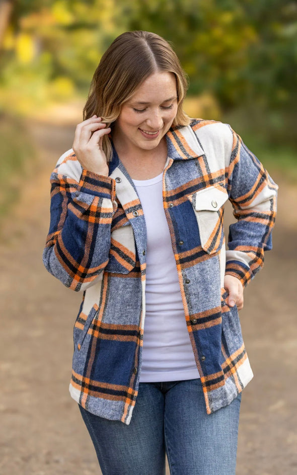 Norah Plaid Shacket by MM in Navy & Orange