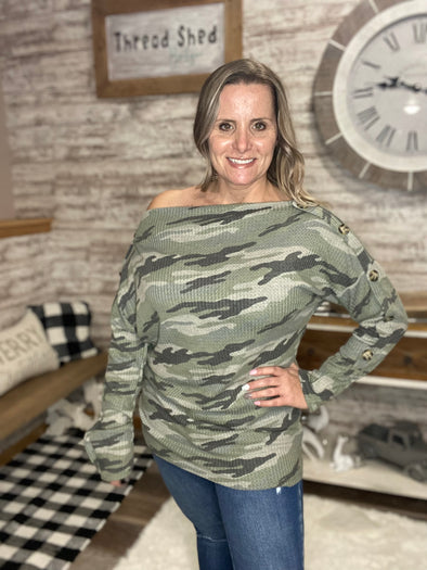 No Hiding From Me Waffle Knit Camo Top