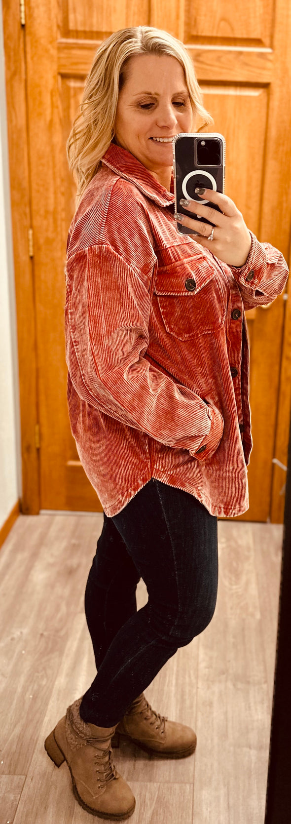 Frosty Morning Mineral Washed Corduroy Shacket in Antique Red
