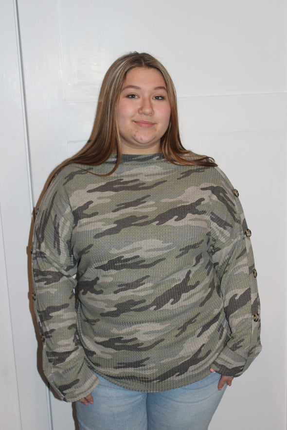 No Hiding From Me Waffle Knit Camo Top